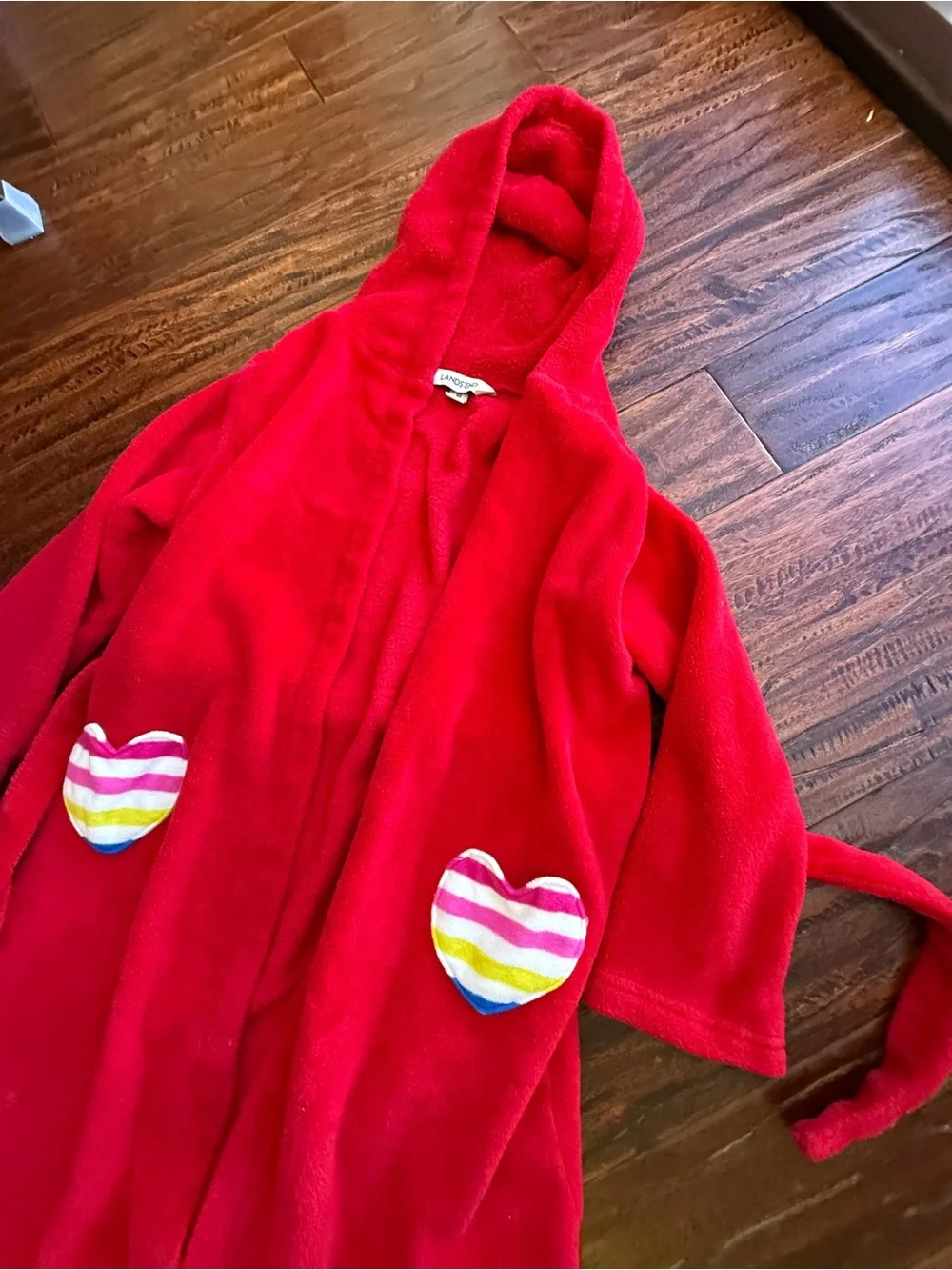 Lands' End Red Hooded Fleece Kids Robe with Striped Heart Pockets